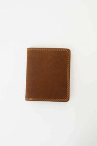 Back view of a brown leather wallet with visible stitching