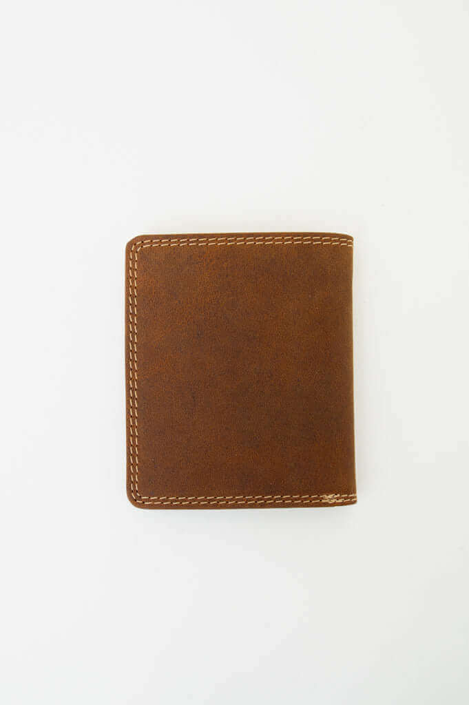 Front view of a brown leather wallet with reinforced stitching