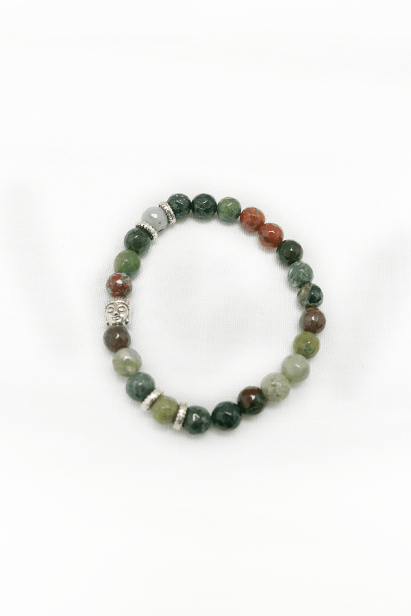 Beaded gemstone bracelet with a silver Buddha charm and colorful natural stones