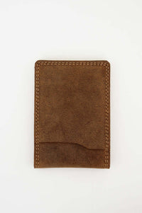 Back view of a closed brown buffalo leather slim wallet on white background