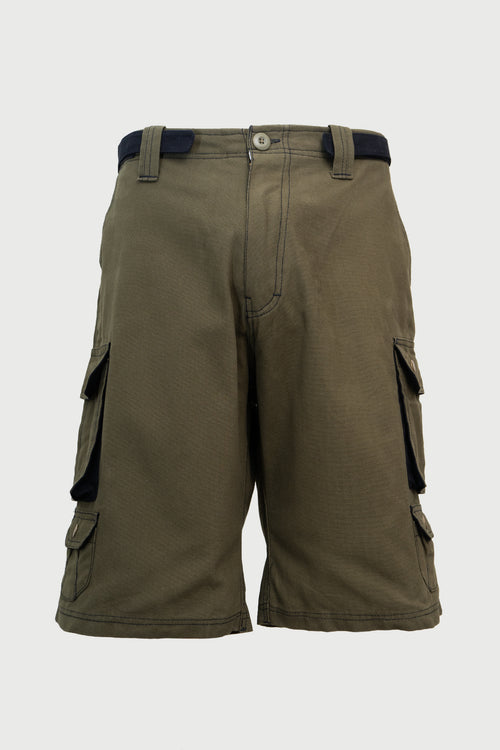 Durable cotton canvas utility shorts in olive green featuring multiple pockets and integrated black belt.