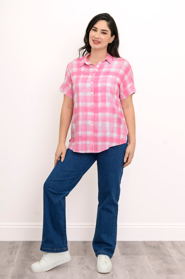 Carolina Blouse, Pink Plaid, Linen Bamboo
