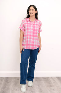 Carolina Blouse, Pink Plaid, Linen Bamboo