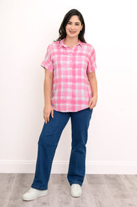Carolina Blouse, Pink Plaid, Linen Bamboo