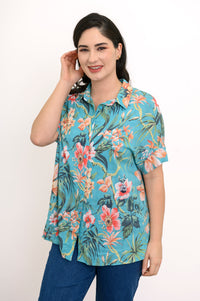 Carolina Blouse, Teal Fiji, Linen Bamboo