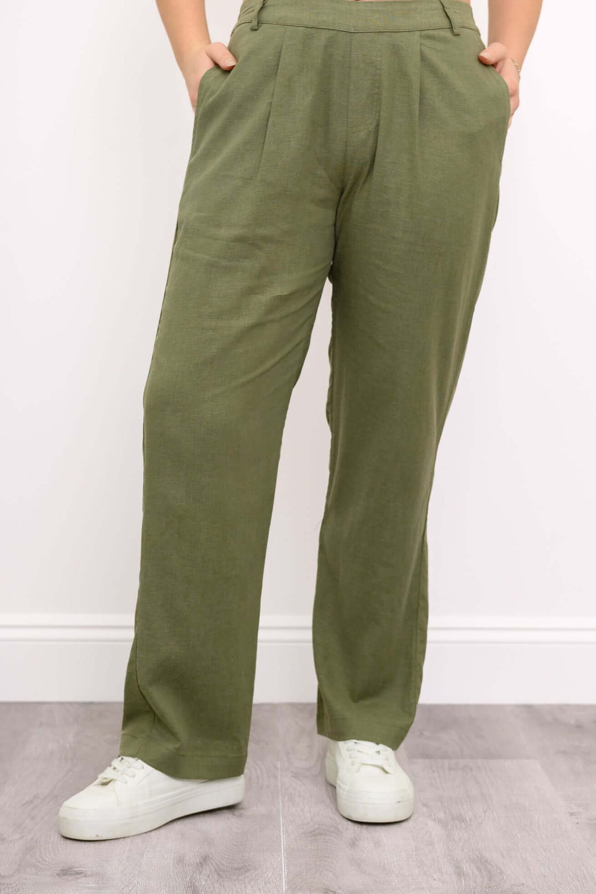 Front view of Melodie Pant styled with white sneakers for a casual look