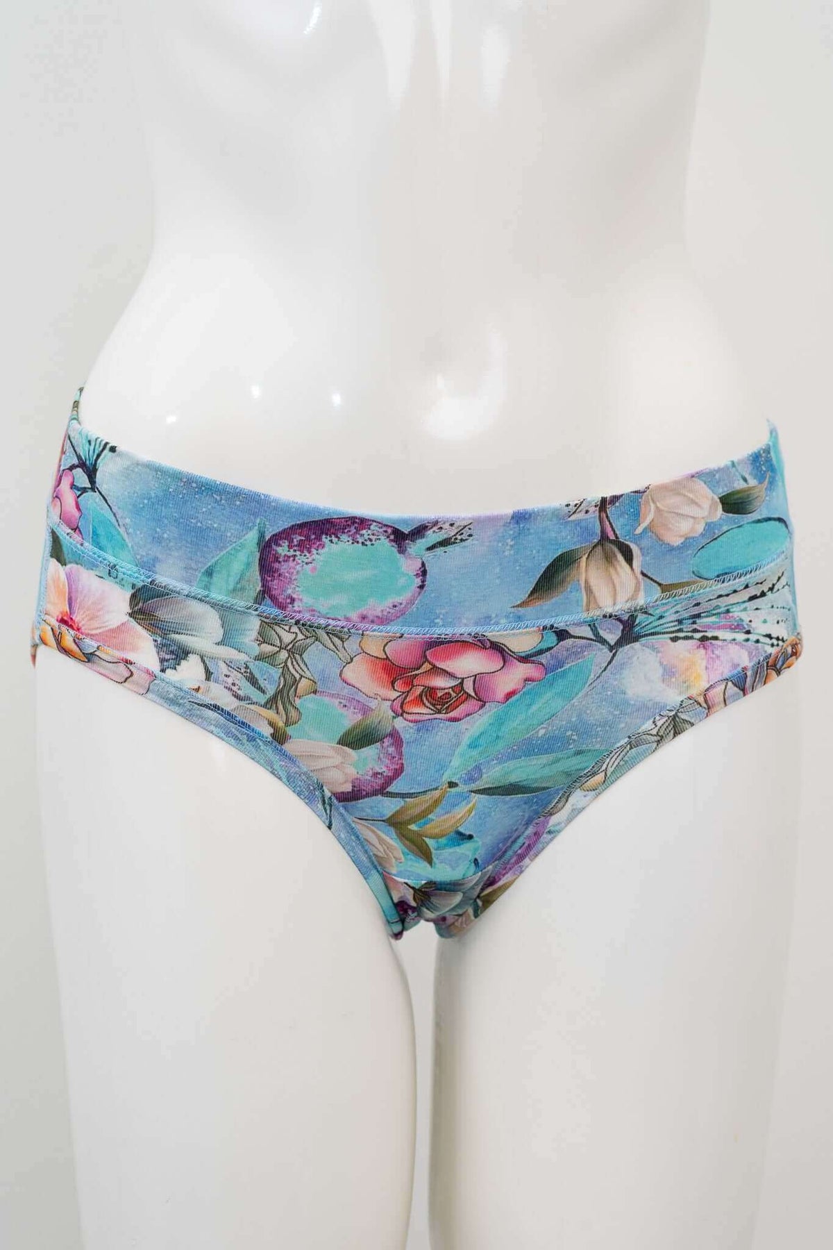 Front view of Celestial Blossom hipster underwear with blue floral print