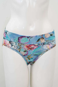Front view of Celestial Blossom hipster underwear with blue floral print