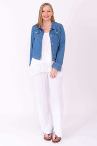 Chantilly Lace Tank styled with denim jacket front view