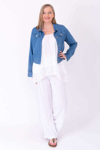 Chantilly Lace Tank styled with blue denim jacket and white pants