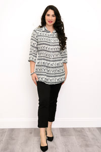 Cindy 3/4 Sleeve Top, BW Elephants
