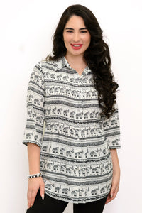 Cindy 3/4 Sleeve Top, BW Elephants