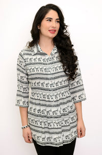 Cindy 3/4 Sleeve Top, BW Elephants