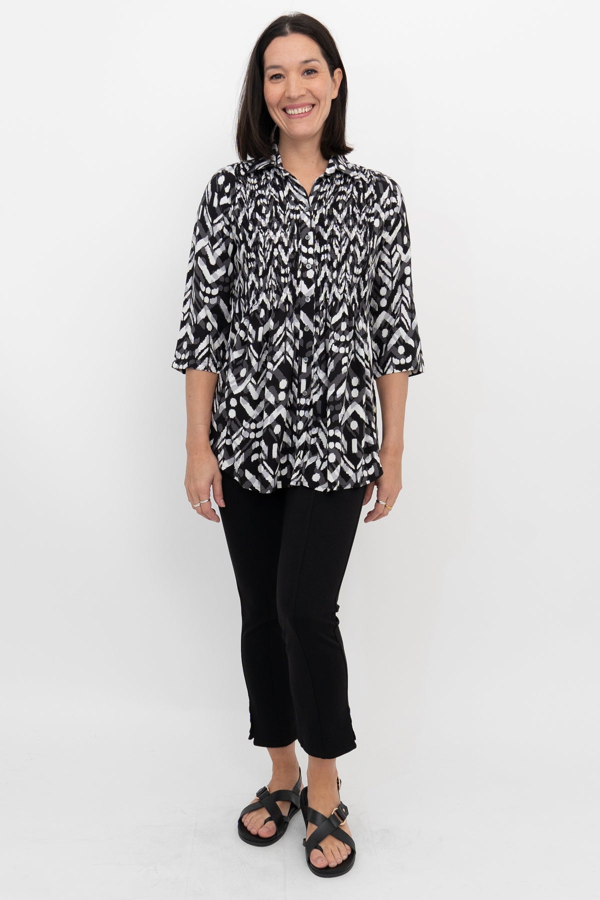 Cindy 3/4 Sleeve Top, B/W Mosaic