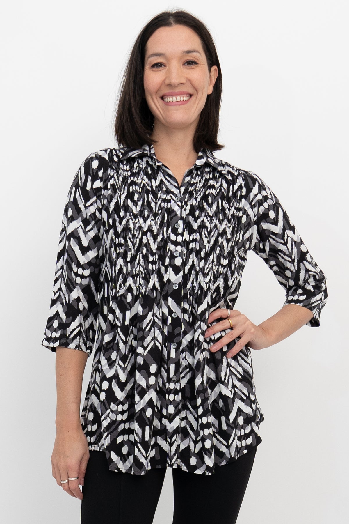 Cindy 3/4 Sleeve Top, B/W Mosaic