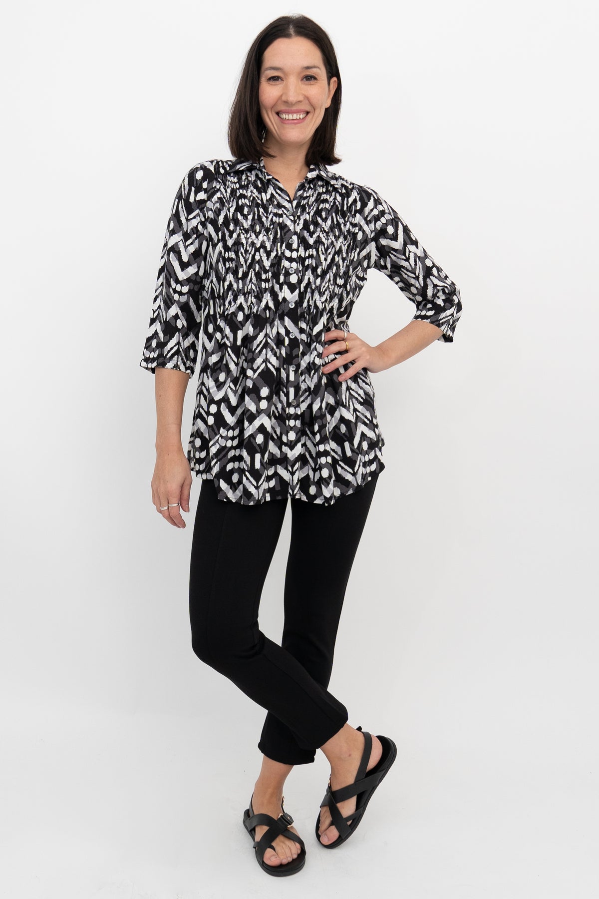 Cindy 3/4 Sleeve Top, B/W Mosaic