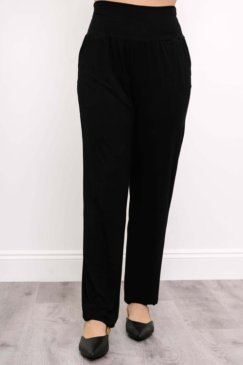 Front view of Clair black bamboo tapered pants with wide waistband