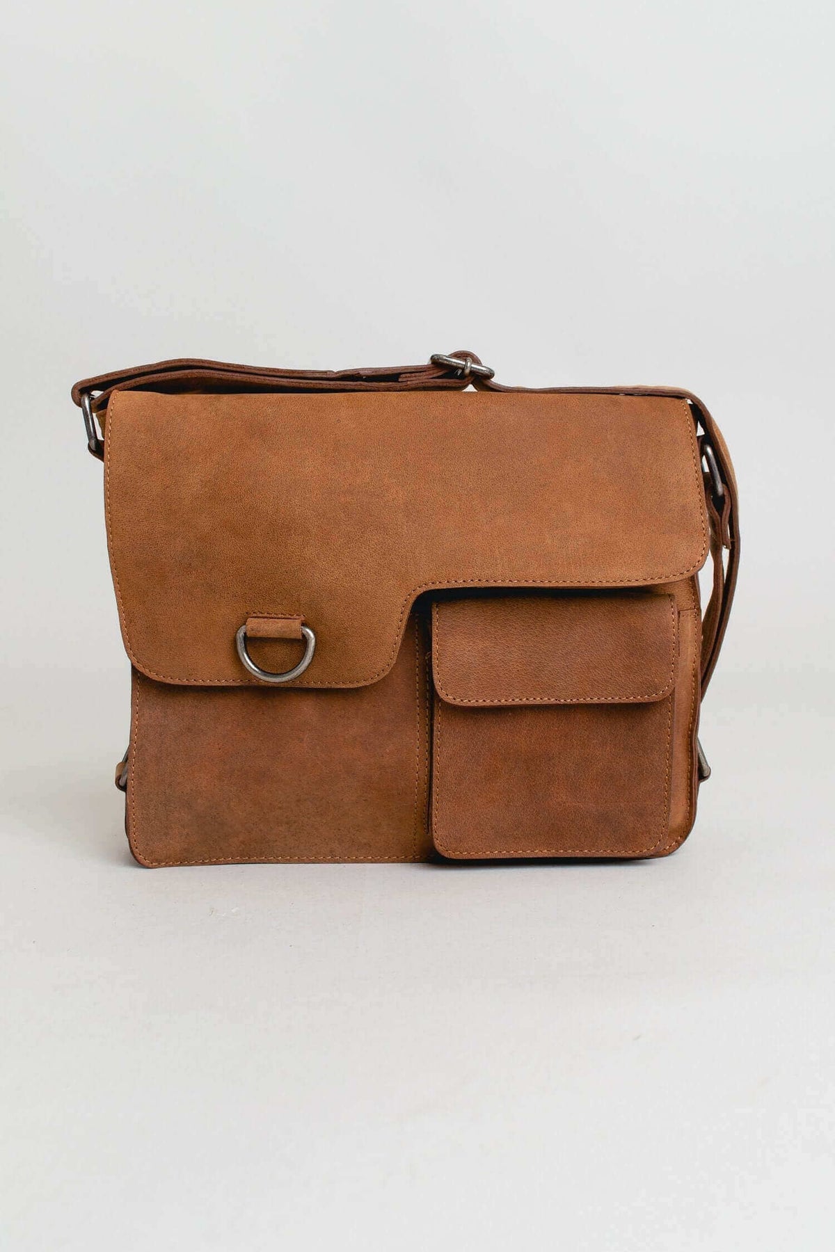 Front view of classic brown buffalo leather messenger bag with pockets