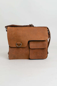 Front view of classic brown buffalo leather messenger bag with pockets