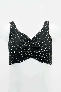 Close-up front view of black polka dot Clipper Top with wide straps