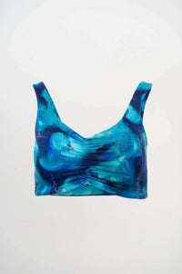 Clipper Top in Ocean Marble print displayed on white background, highlighting wide straps and cinched neckline