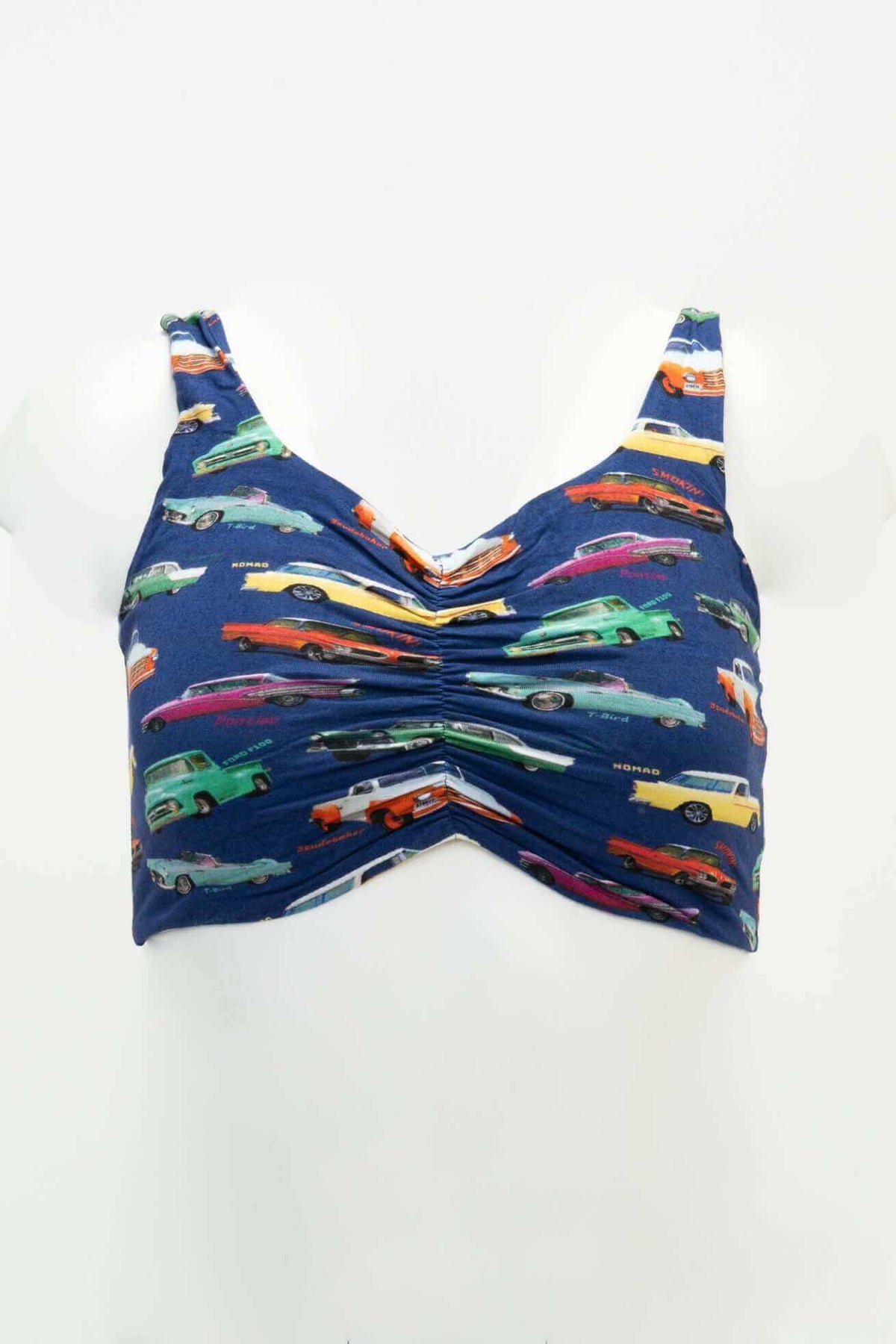 Clipper Top with vintage cars print in blue, featuring wide straps and cinched V-neck