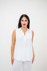Front close-up of sleeveless white quarter-zip tank top
