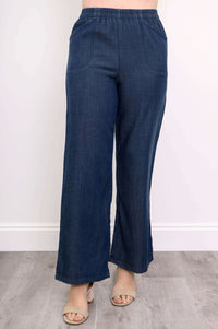 Close-up front view of Parker wide leg tencel pants showing flat pockets and elastic waist