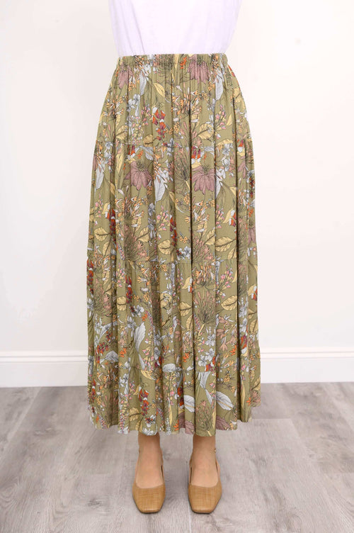 Close-up of Roma tiered floral skirt details and elastic waistband