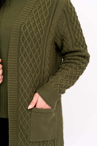 Close-up of textured cable knit pattern and pocket on olive green cardigan