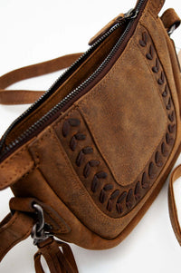 Detailed view of decorative stitching and zipper on brown leather crossbody bag