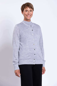 Close-up of a light grey merino wool cardigan with button details