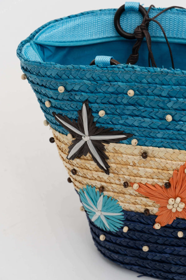Close-up of side details on rattan bag showing star patterns and beaded embroidery