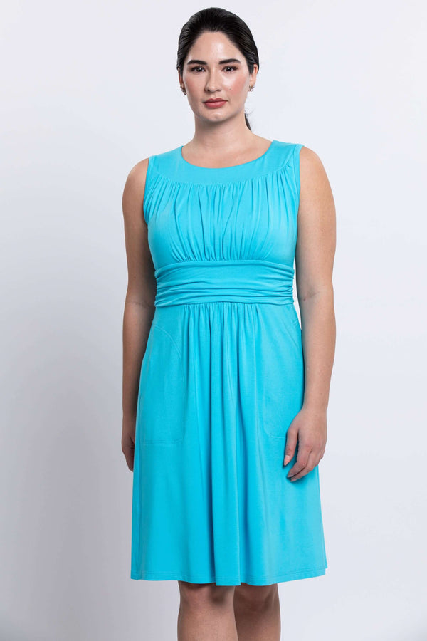 Front view close up of aqua blue ruched dress with fitted waistband