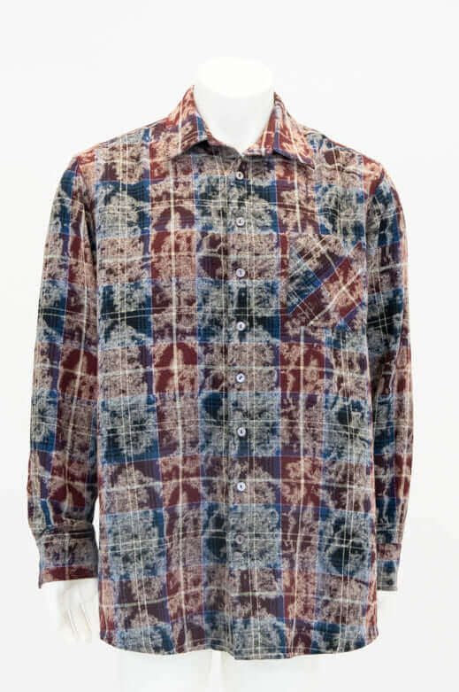 Men's long sleeve button-up shirt in plaid patchwork print with collar and chest pocket