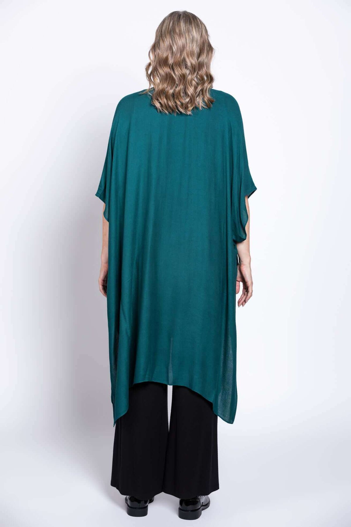 Back view showing the length and drape of the Darcy teal kimono wrap