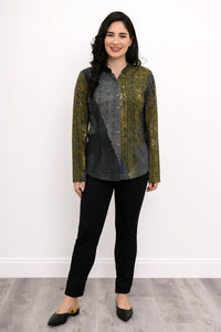Model in a soft bamboo-cotton long-sleeve top with an earthy print and a subtle split mandarin neckline.