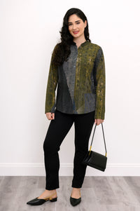 Model wearing a patterned long-sleeve mandarin collar blouse buttoned up, shown on a white background.