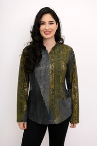Front view of a tailored patterned bamboo shirt featuring a mandarin collar and button-down front.