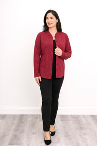 Front view of a crimson geometric print bamboo jacket with a mandarin collar, button placket, and long sleeves.
