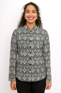 Front view of a women's long sleeve grey lace-patterned top with a button placket and mandarin collar