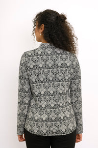 Back view of a grey floral bamboo shirt showing the clean paneled structure across the shoulders and waist