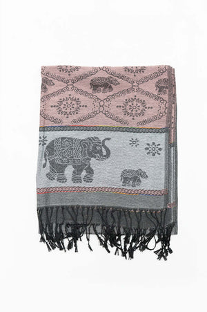 Pashmina scarf featuring decorative elephant designs, intricate motifs, and black fringe edges