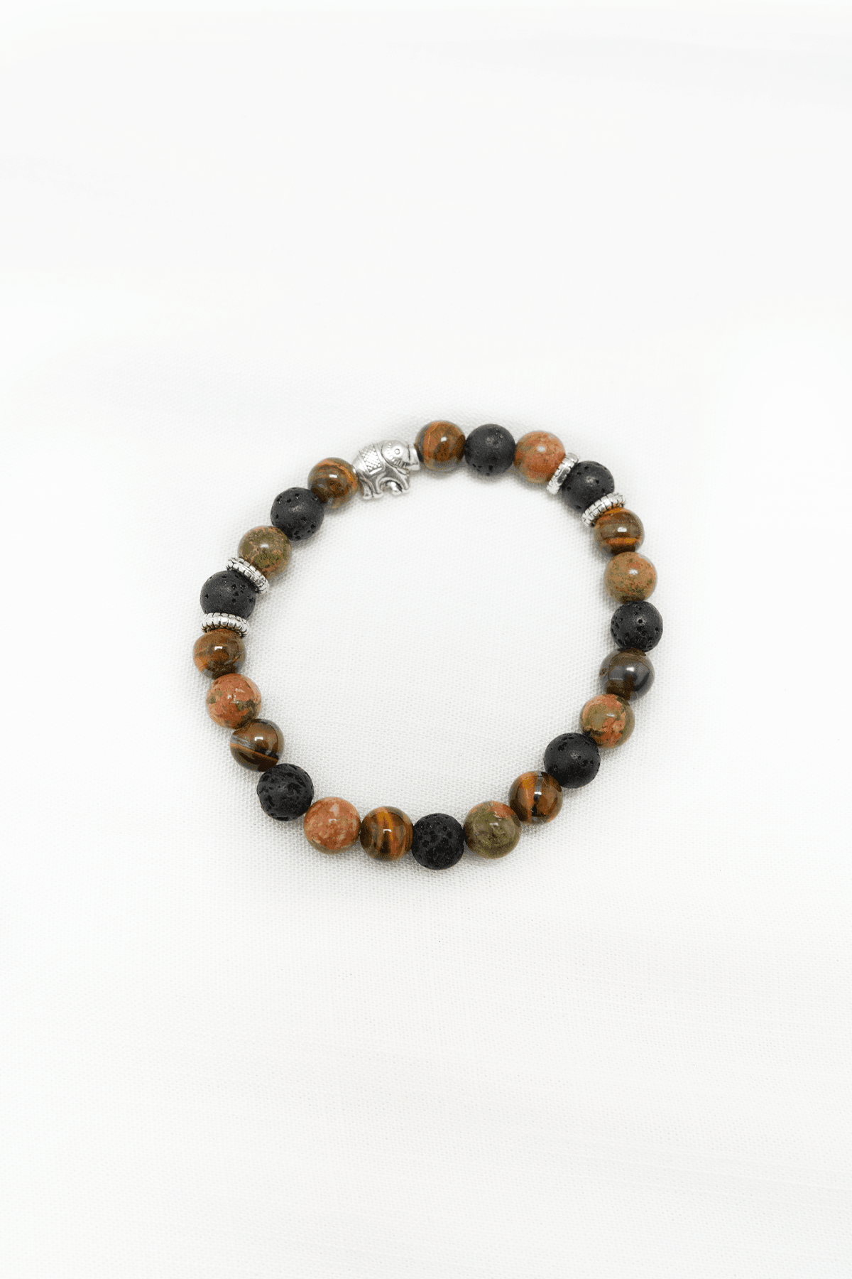 Multi-colored natural stone bracelet with black lava beads and a silver elephant charm