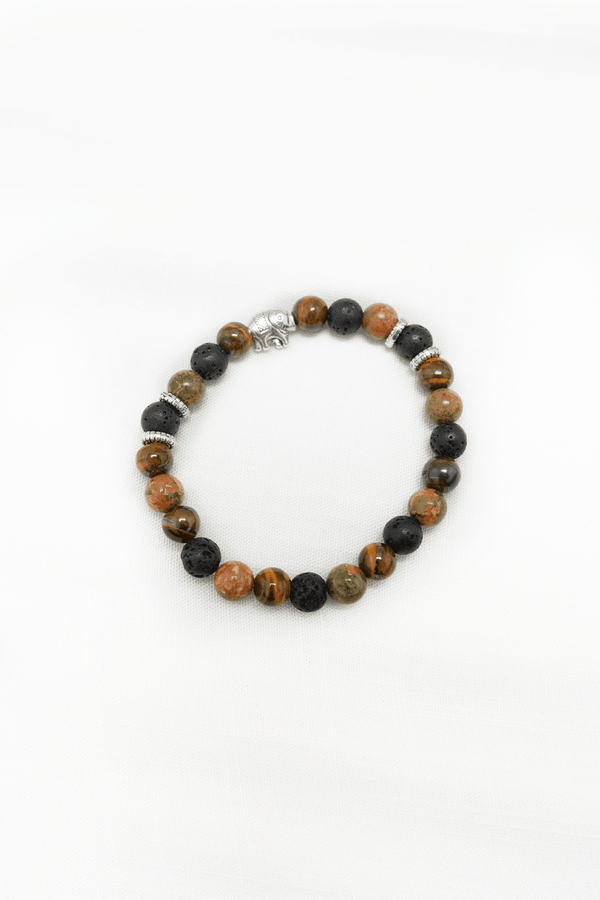 Multi-colored natural stone bracelet with black lava beads and a silver elephant charm