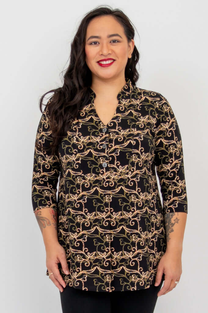 Model facing forward in Edwina Bamboo Top with button placket
