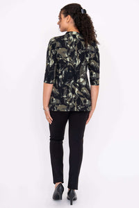 Back view of a woman wearing the Edwina abstract print top showing 3/4 sleeves