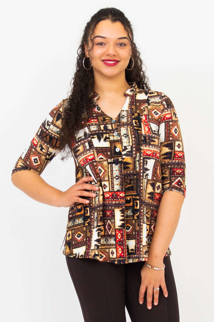 Front view of model in Edwina bamboo pullover top with western print