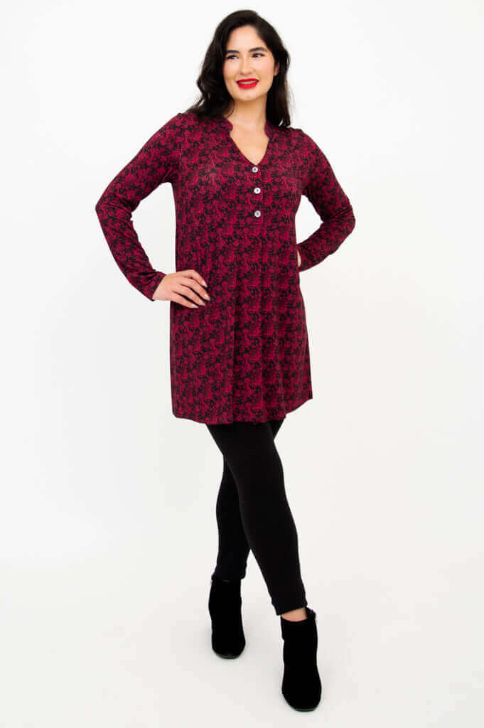 Model with hands on hips displaying the relaxed fit of the Edwina bamboo tunic