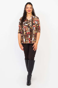 Full body front view of model in Edwina western print pullover top